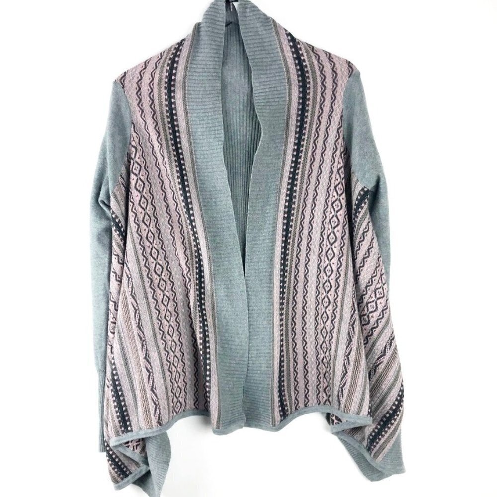 Kensie Fair Isle Cardigan Women's Size M Grey Pink Open Front Cottagecore Boho